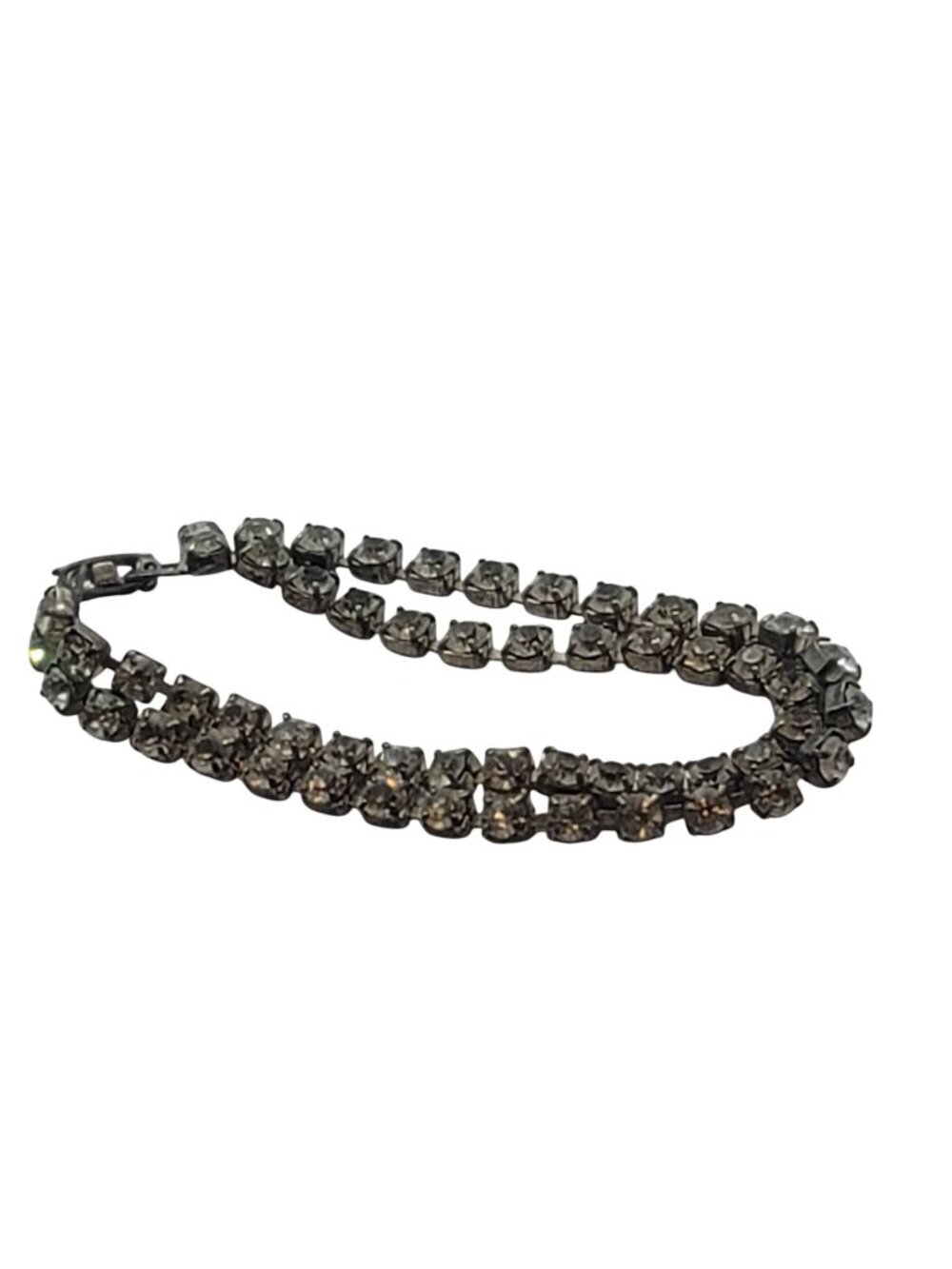 Vintage Double-Strand Rhinestone Tennis Bracelet Box Clasp Silver Tone 7 Inches